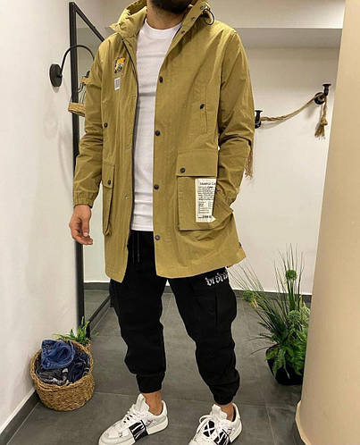 Купить Мужская длинная ветровка бежевая с капюшоном легкая куртка ...