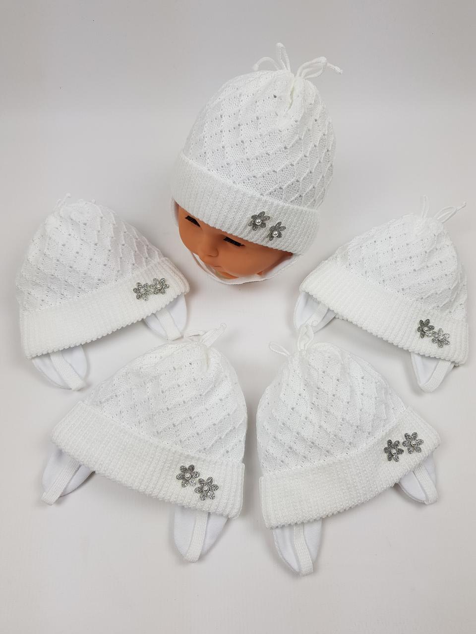 Дитячі польські демісезонні вязані шапки на трикотажній підкладці для новонароджених, р.38-40 (Grans)