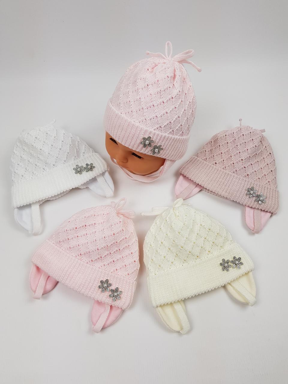 Дитячі польські демісезонні вязані шапки на трикотажній підкладці для новонароджених, р. 38-40 (Grans)