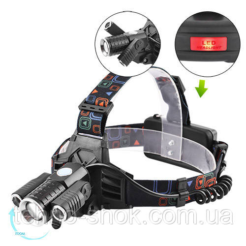 Ліхтар налобний Police W602-T6+2XPE (нахил), ЗУ 220V/12V, 2x18650, zoom, велокріплення
