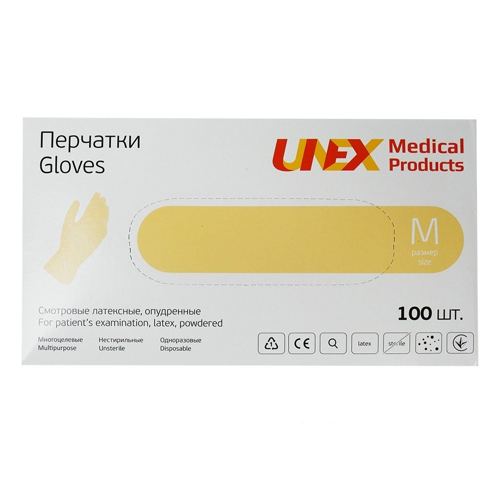 Рукавички UNEX латексні з тальком, розмір L,100 шт.