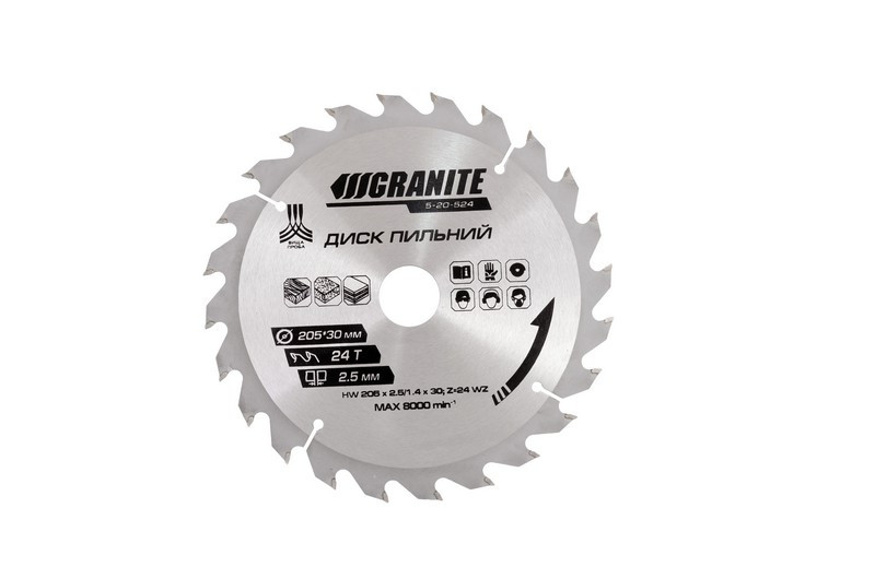 Диск пильний по дереву 205*30-25.4мм*24Т GRANITE 5-20-524