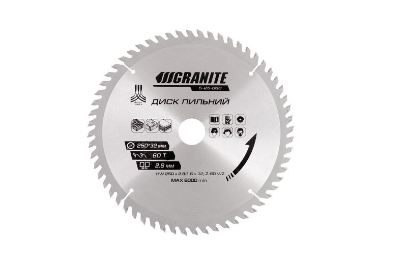 Диск пильний по дереву 250*32-25.4мм*60Т GRANITE 5-25-060