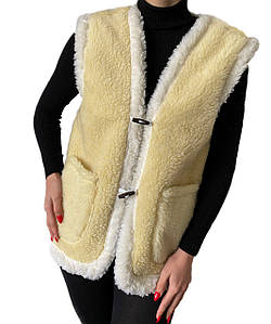 Тепла вовняна безрукавка з овчини (Еко-шерсть) Жіноча хутряна жилетка Лимонна 48-50