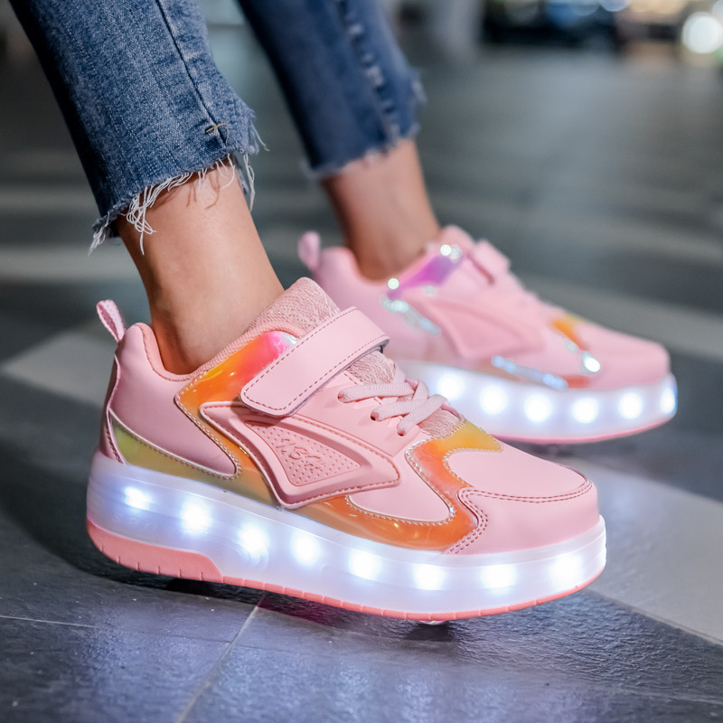 Роликовые кроссовки с подсветкой 2 ролика, в стиле Heelys, USB. Детские и Подростковые, розовые (Т-09455) - фото 3 - id-p1011825692