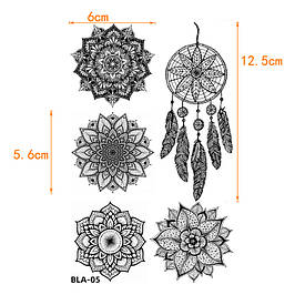 Флеш Тату. 21*15 См. Перевідна. Тимчасова. Мехенді, Менді, Квіти, Набір, Ловець Снів, Bla-005 (S), Ч/Б