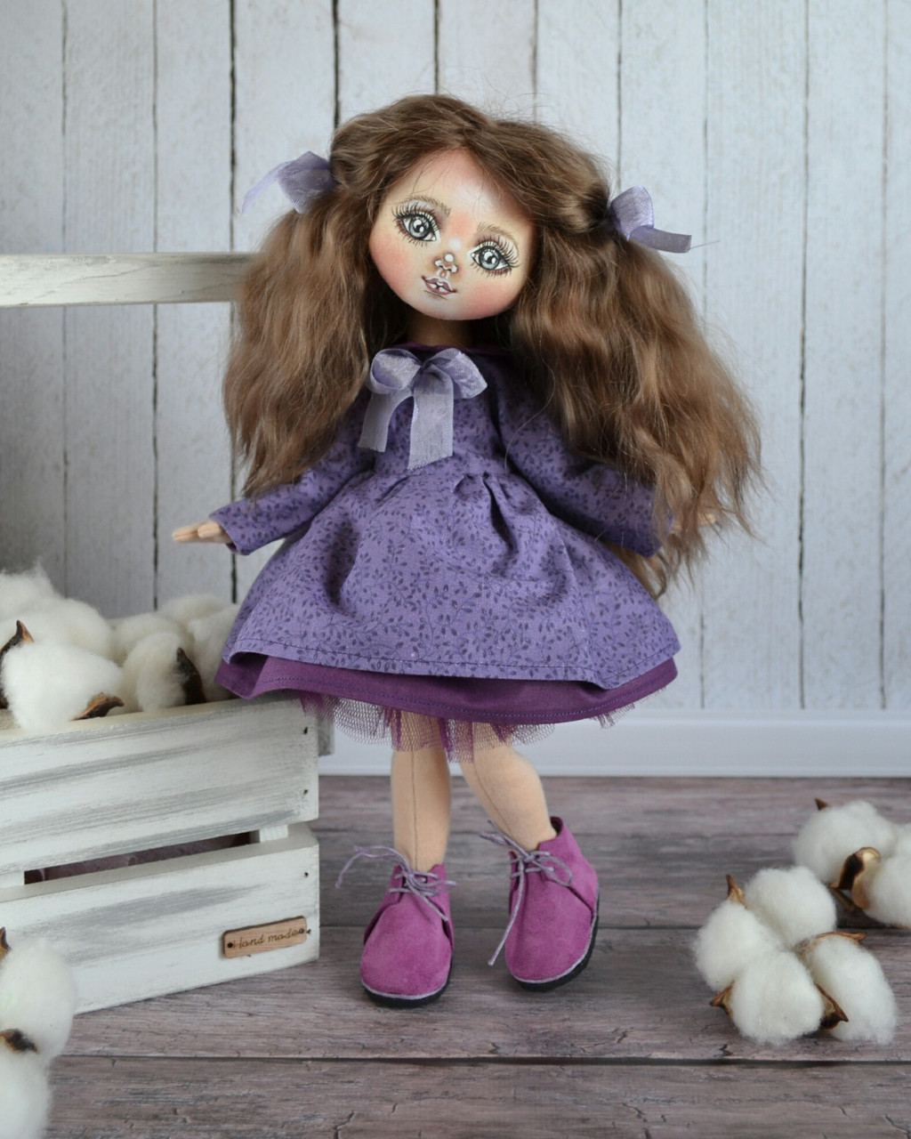Текстильна лялька ручної роботи - Лялька з тканини - Авторська лялька - Лялька в фіолетовій сукні