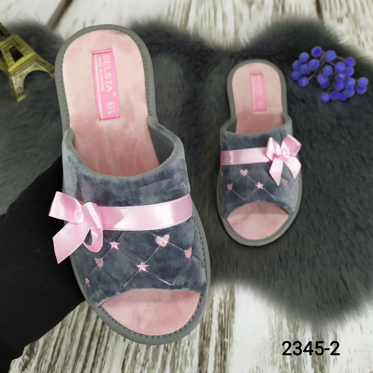 Тапочки жіночі кімнатні Белста з відкритим носком велюрові сірі з рожевим 2345-2