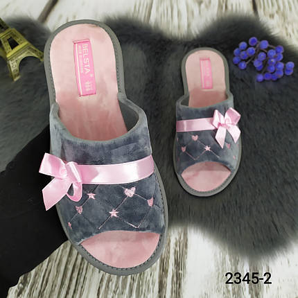 Тапочки жіночі кімнатні Белста з відкритим носком велюрові сірі з рожевим 2345-2, фото 1