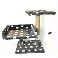 Кігтеточка дряпка Пухнастик з диваном 2 поверхи сіра з білими лапками 30х38х50 см