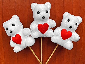 Ведмедик з серцем на паличці (упаковка 12 шт) 18 см білий