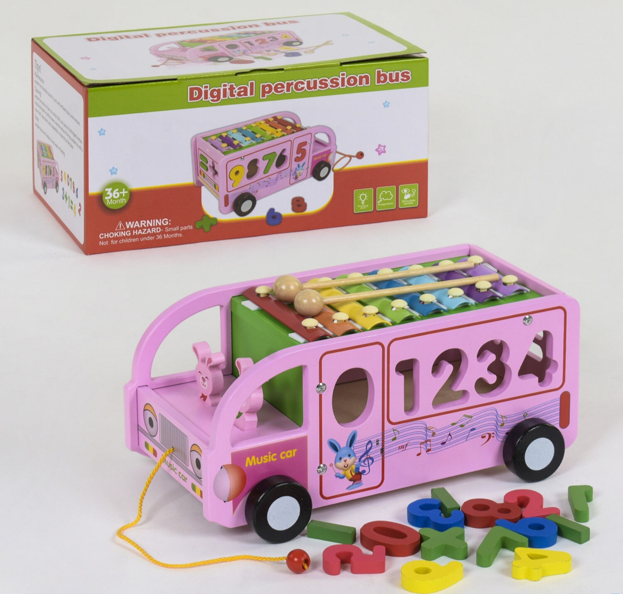 Дерев'яна дитяча іграшка WoodToys сортер, машинка, каталка, ксилофон, 28,5х18,5х18,5 см