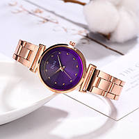 Часы женские Disu наручные кварцевые с золотистым металлическим ремешком и фиолетовым циферблатом