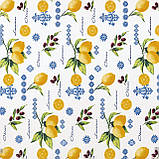 Скатертина квадратна бавовна тефлонова водовідштовхувальна гідрофобне просочення лимони оливки на білому, фото 3