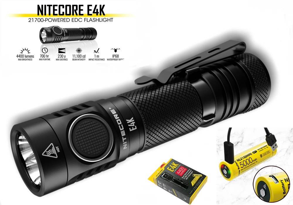Ручний ліхтар NITECORE E4K + Акумулятор 5000mAh USB перезаряджаємий NL2150HPR (4400LM, Cree XP-L2 V6*4)
