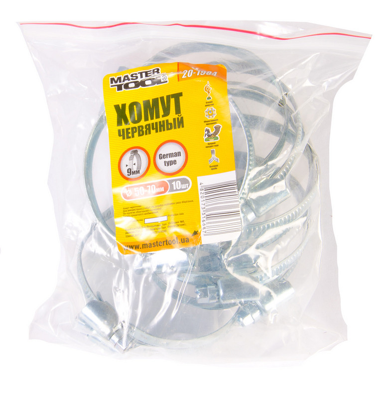 Хомут черв'ячний MASTERTOOL German type W1 DIN 3017 9.0 мм Ø 50-70 мм 10 шт 20-1984, фото 1
