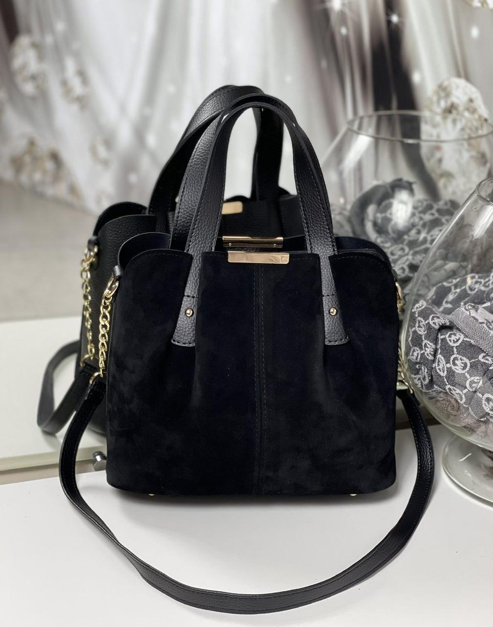 Замшева чорна сумка містка класична сумочка натуральна замша+шкірзам