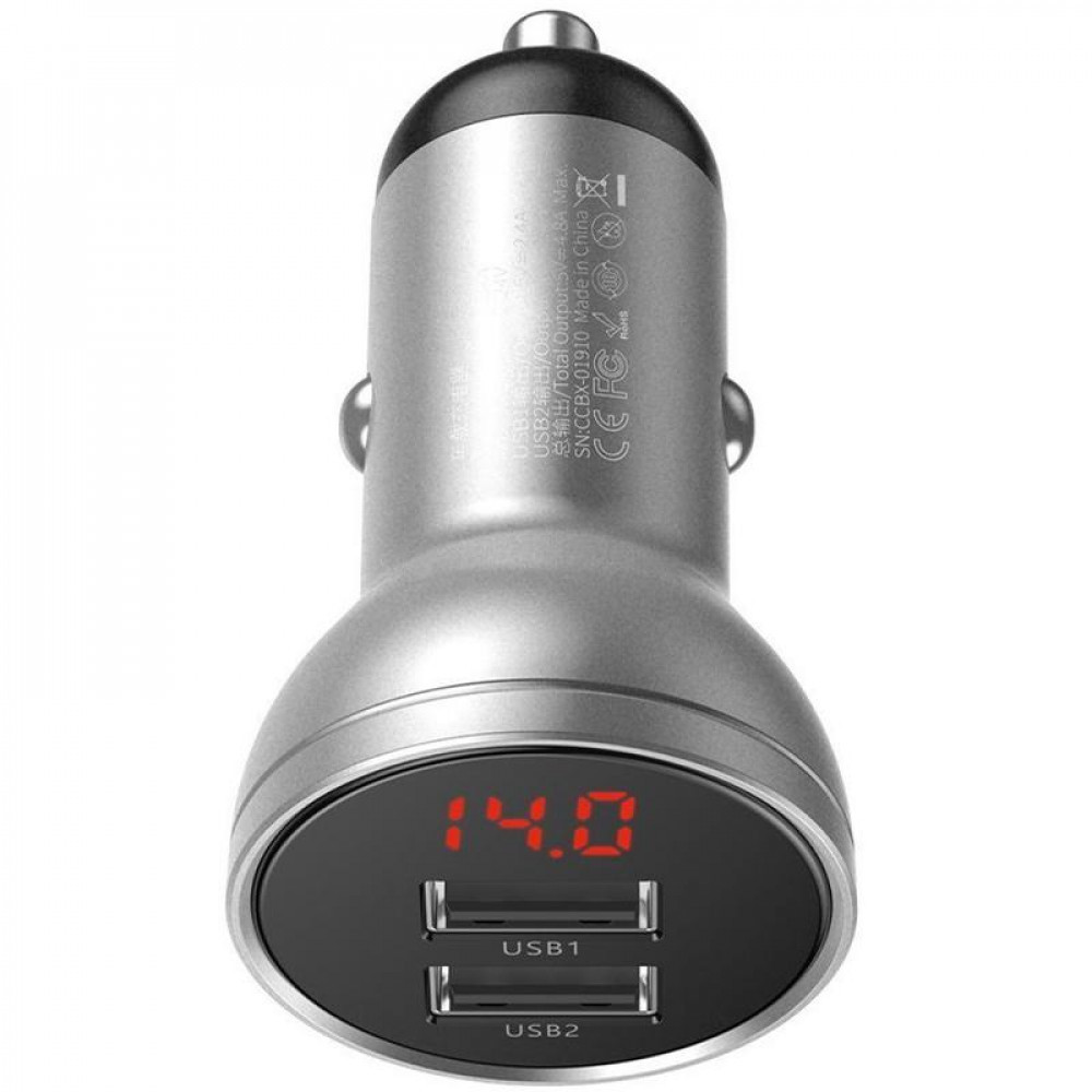 Автомобільний зарядний пристрій Baseus Digital Display CCBX-0S 2USB 4.8A 24W, Silver