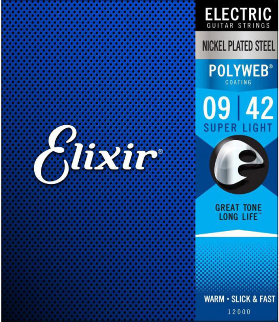Струни для електрогітари Elixir 12000 Polyweb Anti Rust Steels Electric Super Light 9/42