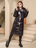Зимнее тёплое стильное женское пальто-одеяло чёрный цвета 44 по 50р.