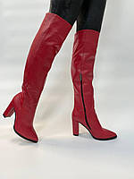 Женские сапоги ботфорты натуральные под питон, высокие сапоги, красные. Сапоги весна-осень, деми на каблуке