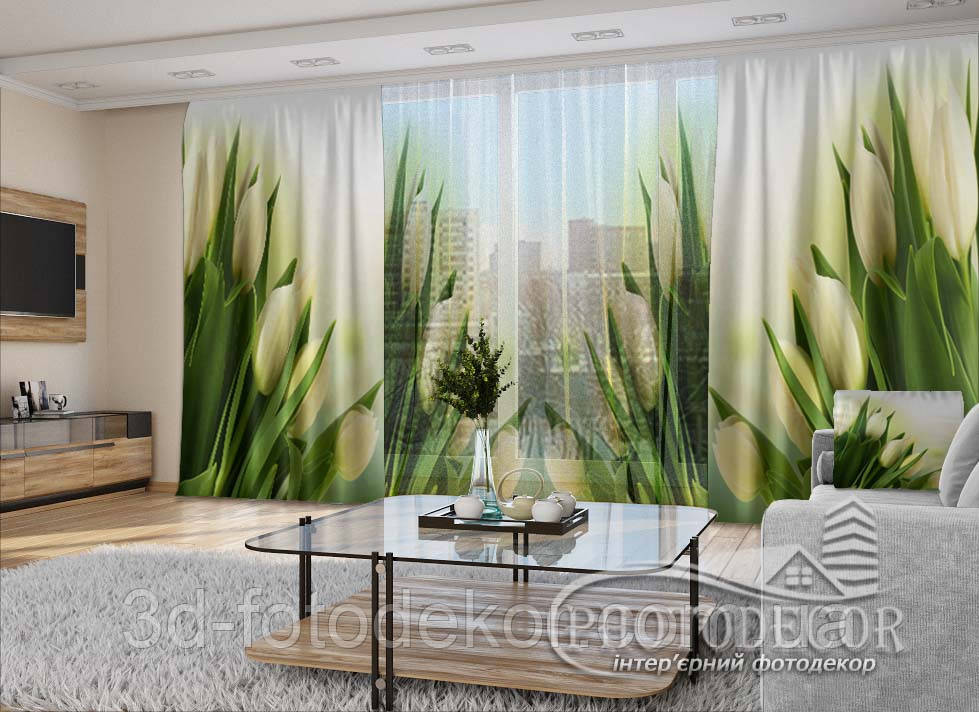 3D - Фото Штори і тюль "Білі тюльпани 1" - будь-який розмір. Читаємо опис!