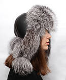Жіноча хутряна шапка Ушанка з натурального хутра чорнобурки, фото 2