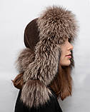Модна жіноча хутряна шапка Вушанка з чорнобурки Шоколад, фото 2