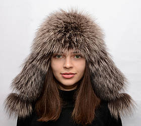 Модна жіноча хутряна шапка Вушанка з чорнобурки Шоколад