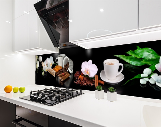 Фото панель універсальна ПЕТ, Самофіксована, 62 х 305 см (товщіна 1.2 мм), орхідеї та чашки кави