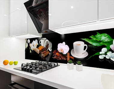 Фото панель універсальна ПЕТ, Самофіксована, 62 х 305 см (товщіна 1.2 мм), орхідеї та чашки кави