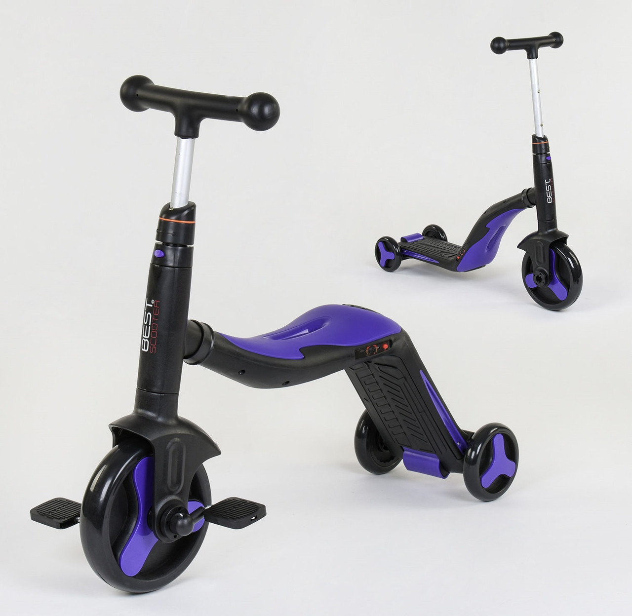 Самокат 3в1 JT 30304 Best Scooter, самокат-велобіг від-велосипед, світло, 8 мелодій, колеса PU, Фіолетовий.