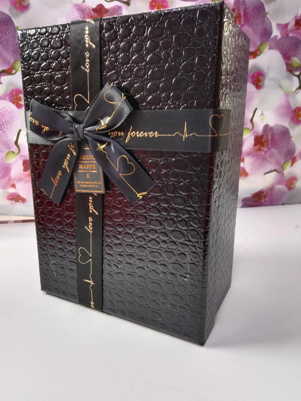 Подарункова коробочка чорна з кришкою з великим бантом, фото 1