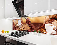 Наклейка на кухонный фартук 60 х 300 см, фотопечать с защитной ламинацией кофейные зерна с чашками