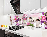 Наклейка на кухонный фартук 65 х 250 см, фотопечать с защитной ламинацией Цветы и чашка кофе (БП-s_fl11712-2)