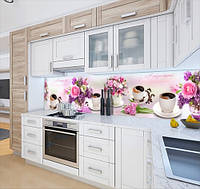 Наклейка на кухонный фартук 60 х 300 см, фотопечать с защитной ламинацией Цветы и чашка кофе (БП-s_fl11712-3)