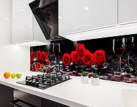 Наклейка на кухонный фартук 65 х 250 см, фотопечать с защитной ламинацией Розы красные с бокалами
