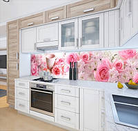 Наклейка на кухонный фартук 60 х 300 см, фотопечать с защитной ламинацией цветочные бутоны и кофе