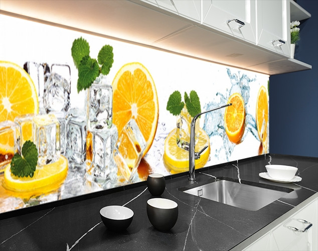 Наклейка на кухонний фартух 60 х 200 см, з фотодруком та захисною ламінацією лимони та кубики льоду (БП-s_ed582)