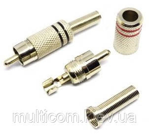 01-02-005BK. Штекер RCA, корпус метал, з пружиною, діам.-4мм, сріблястий, чорна смуга, фото 1