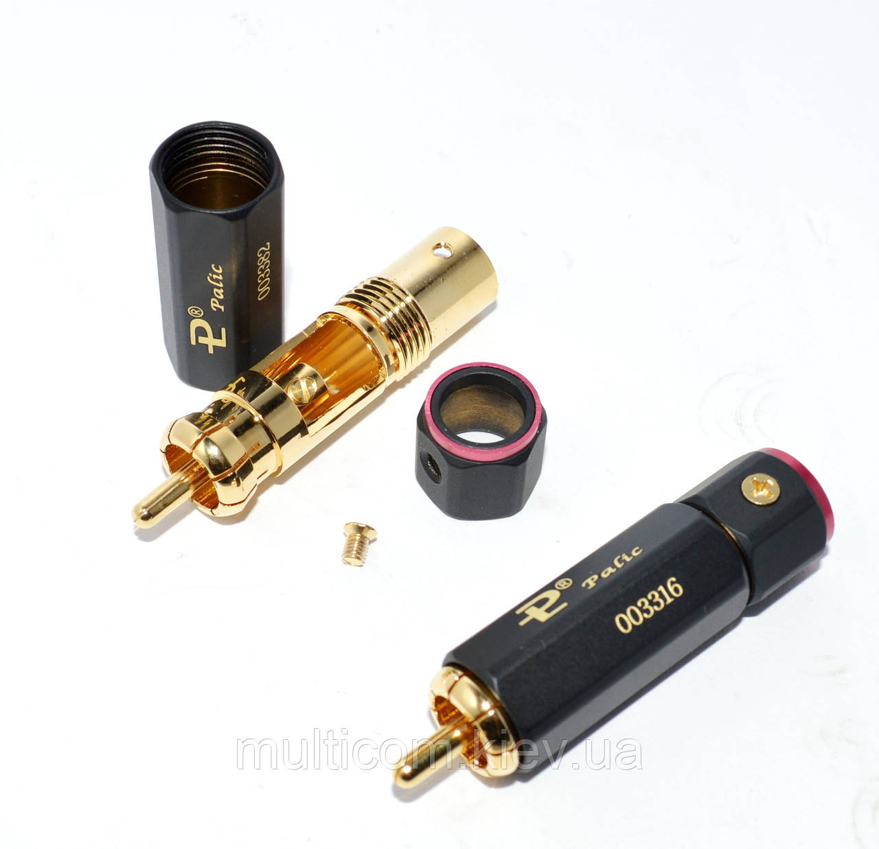 01-02-015RD. Штекер RCA, корпус метал, без хвостової частини, діам.-8мм, шестигранний, чорний, червона смуга