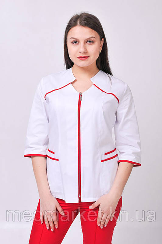 Костюм медичний Жасмин ELIT COTTON зі звуженими штанами. Білий/червоний