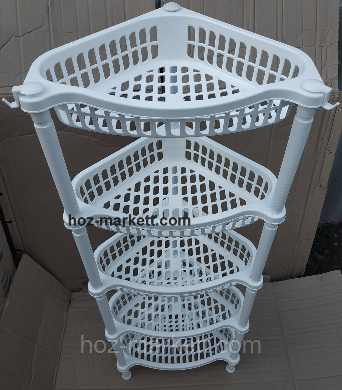 Кутова етажерка біла пластикова для ванни та кухні 5 ярусів, фото 1