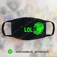 "Мем ЛОЛ / LOL" черная защитная маска с принтом - неоновый зеленый