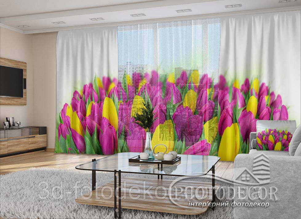 3D - Фото Штори і тюль "Букет тюльпанів" - будь-який розмір. Читаємо опис!