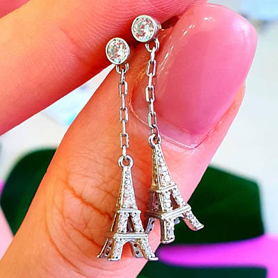 Серебряные серьги гвоздики Париж - Серьги Эйфелева Башня серебро 925 - Висячие серьги цепочки