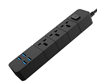 Мережевий фільтр подовжувач 2 м на 3 розетки та 4 USB 3.1 A IQ Power TB-T08 Чорний