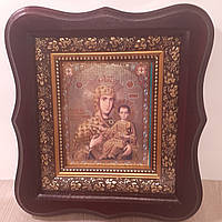 Ікона Акафістна Пресвята Богородиця, лик 10х12 см, у темному дерев'яному кіоті