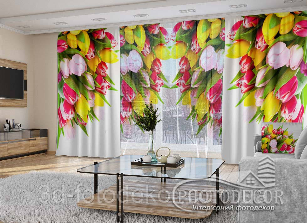 3D - Фото Штори і тюль "Букети різнокольорових тюльпанів" - будь-який розмір. Читаємо опис!