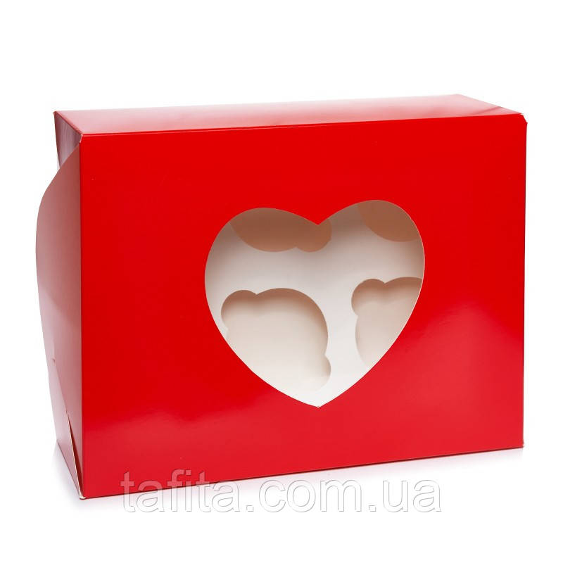 Коробка на 6 капкейків з вікном червона серце 240х180х90 мм
